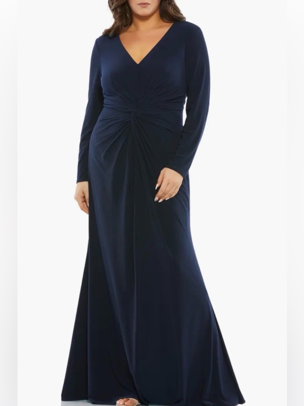Mac Duggal Front Twist Long Sleeve V-Neck Gown Midnight Navy Blue